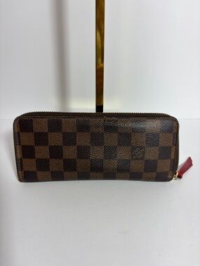 Louis Vuitton Damier Ebene Zip Around Wallet - Brown with Red Pull